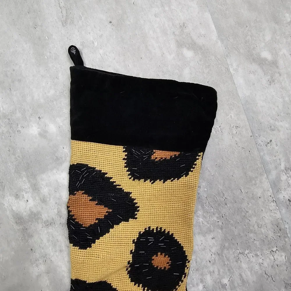 West Elm Leopard Beaded Wool Cotton Black Brown Christmas Stocking Holiday Decor
